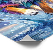 カラフルな巨大な幸せな遊び心のある面白い犬が、ピチャッと水を跳ねさせる ポスター (角)