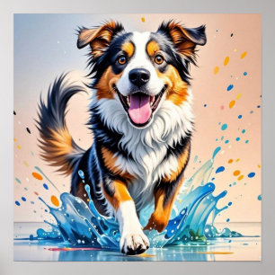 カラフルな巨大な幸せな遊び心のある面白い犬が、ピチャッと音を立てて水しぶきを上げる ポスター
