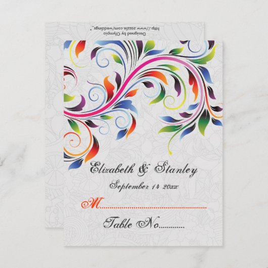 カラフルな巻き葉のグレーの結婚式の席札 招待状 (正面/裏面)