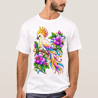 カラフルな幻想のオウムとトロピカルフラワー Tシャツ