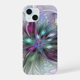 カラフルな幻想抽象モダンフラクタルフラワー iPhone 15ケース