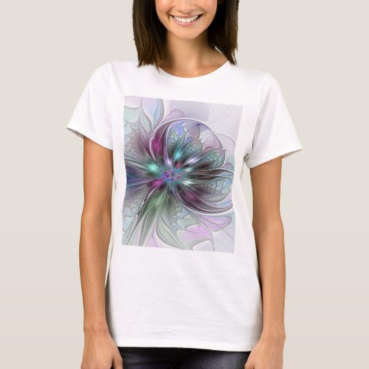 カラフルな幻想抽象モダンフラクタルフラワー Tシャツ (正面)