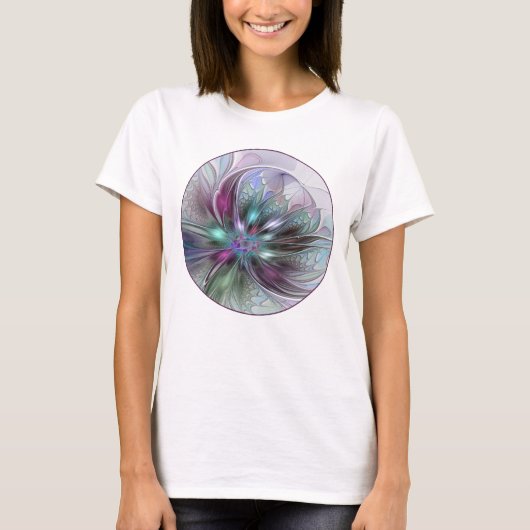 カラフルな幻想抽象モダンフラクタルフラワー Tシャツ (正面)