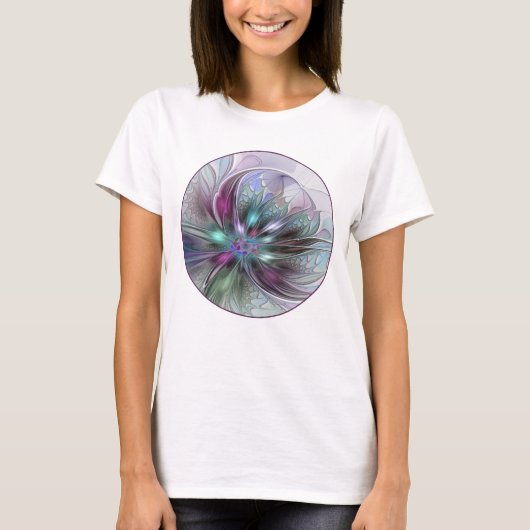 カラフルな幻想抽象的なモダンフラクタルフラワー Tシャツ (正面)