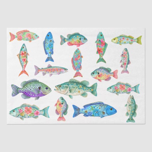 カラフルな幻想的な水彩花の魚 薄葉紙 (正面)