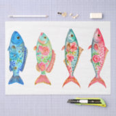 カラフルな幻想的な水彩花の魚 薄葉紙 (クラフト)