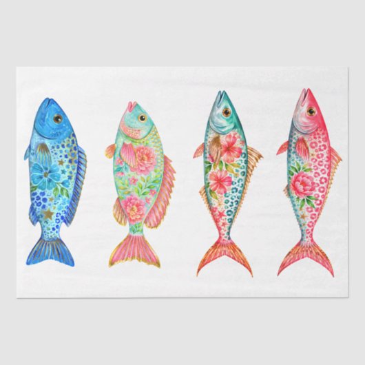 カラフルな幻想的な水彩花の魚 薄葉紙 (正面)