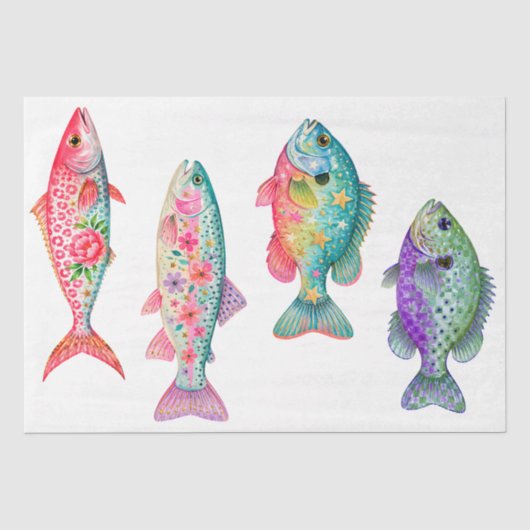 カラフルな幻想的な水彩花の魚 薄葉紙 (正面)