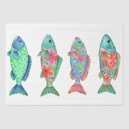 カラフルな幻想的な水彩花の魚 薄葉紙 (正面)