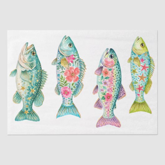 カラフルな幻想的な水彩花の魚 薄葉紙 (正面)