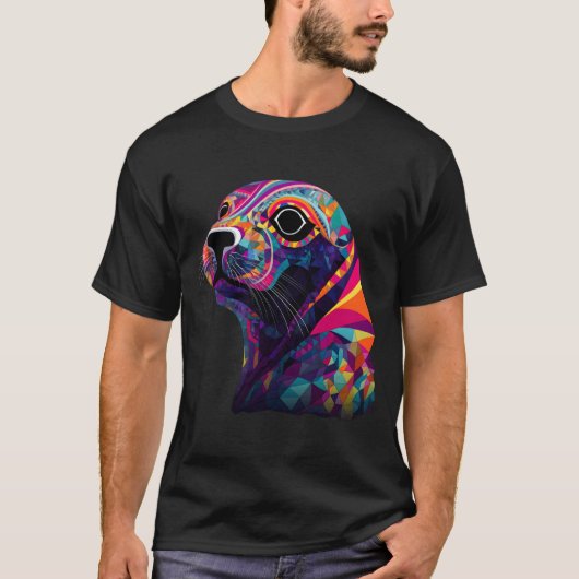 カラフルな幾何学模様のアザラシ 海の生き物 Tシャツ (正面)