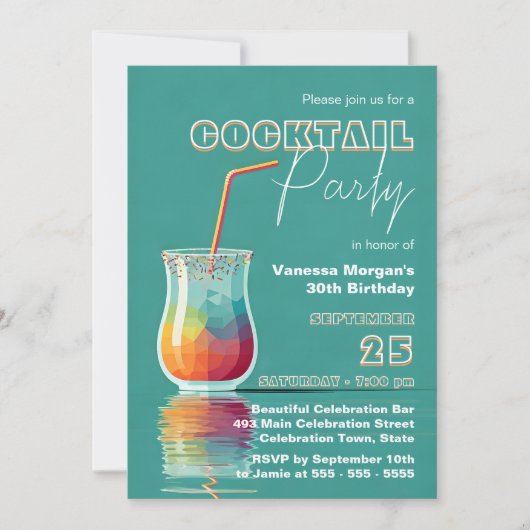 カラフルな幾何学模様のガラスとストローを使ったカクテルパーティー 招待状 (正面)