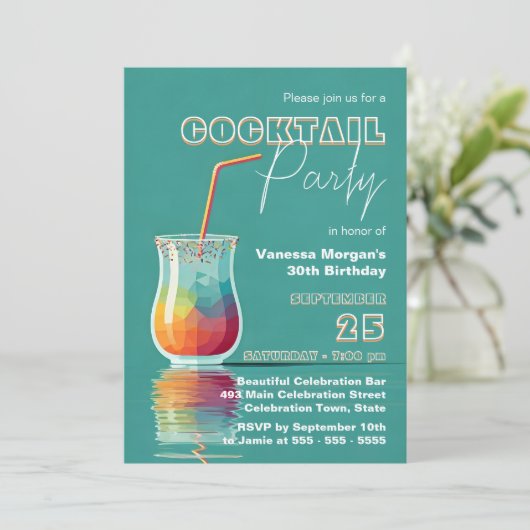 カラフルな幾何学模様のガラスとストローを使ったカクテルパーティー 招待状 (スタンド正面)