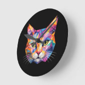 カラフルな幾何学模様の猫の顔 ローポリゴンの三角形アート ラウンド壁時計 (傾斜)