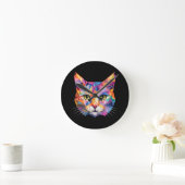 カラフルな幾何学模様の猫の顔 ローポリゴンの三角形アート ラウンド壁時計 (ホーム)
