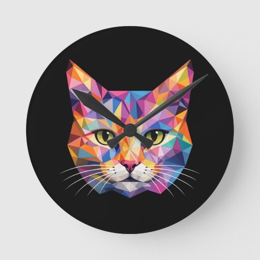 カラフルな幾何学模様の猫の顔 ローポリゴンの三角形アート ラウンド壁時計 (正面)