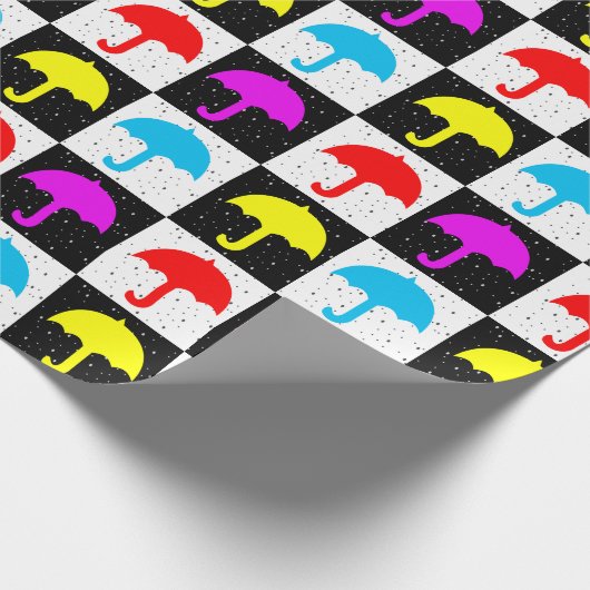 カラフルな幾何学的なチェック柄の傘のブロックプリント ラッピングペーパー (角)