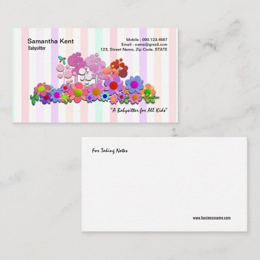 カラフルな庭によってはかわいらしくストライプなベビーシッターが開花します 名刺 (正面/裏面)
