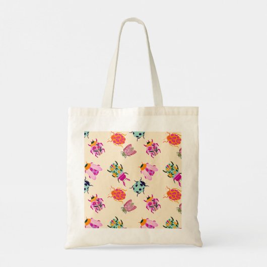 カラフルな庭の甲虫と花の幻想的な植物画 トートバッグ (裏面)