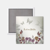 カラフルな庭の花と蝶のゴールド ラスティック マグネット (正面/裏面)