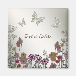 カラフルな庭の花と蝶のゴールド ラスティック マグネット