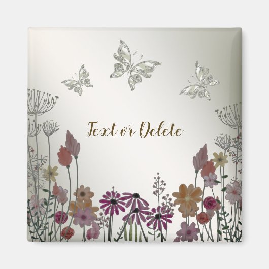 カラフルな庭の花と蝶のゴールド ラスティック マグネット (正面)