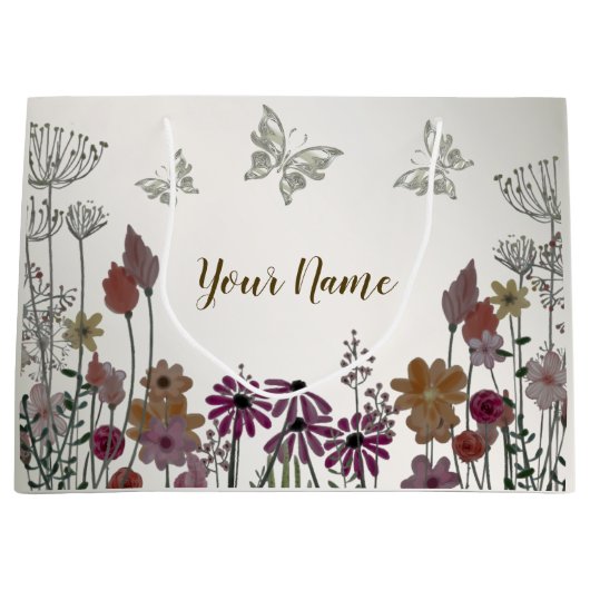 カラフルな庭の花と蝶の自然な田園風景 ラージペーパーバッグ (正面)