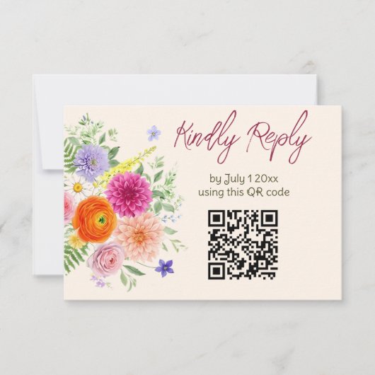 カラフルな庭の花 ウェディングサイトQRコード 出欠カード (正面)