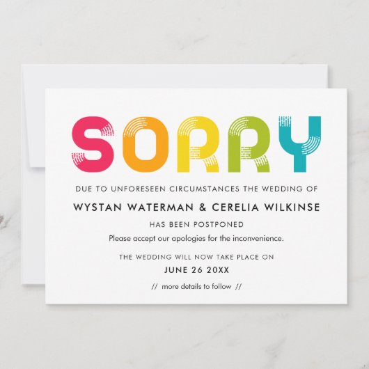 カラフルな延期結婚式のお知らせカード 招待状 (正面)