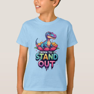 カラフルな恐竜が花の上に座って可愛い Tシャツ