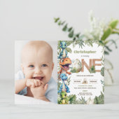 カラフルな恐竜のグリーン 1歳の誕生日 写真 招待状 (スタンド正面)