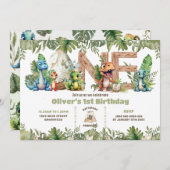 カラフルな恐竜のグリーン ONE 1歳の誕生日 招待状 (正面/裏面)