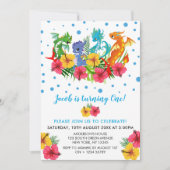 カラフルな恐竜のトロピカルな最初の誕生日 招待状 (正面)