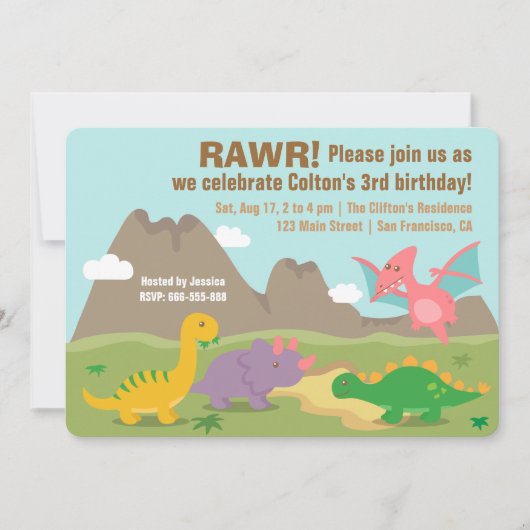 カラフルな恐竜の子供の誕生日パーティー 招待状 (正面)