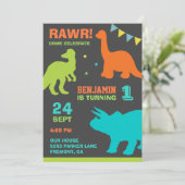 カラフルな恐竜の1歳誕生日パーティー招待状 招待状 (スタンド正面)