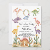 カラフルな恐竜の9歳誕生日パーティー 招待状 (正面)