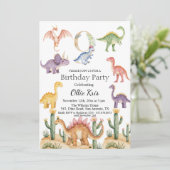 カラフルな恐竜の9歳誕生日パーティー 招待状 (スタンド正面)