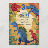 カラフルな恐竜ジャングルアドベンチャー 3歳の誕生日 招待状 (正面)