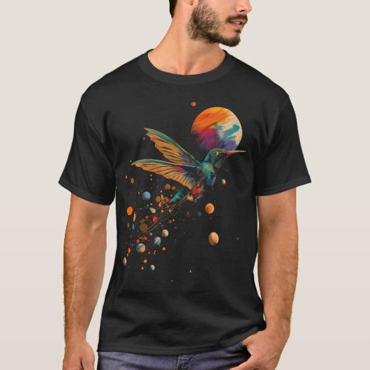 カラフルな惑星とハチドリの幾何学模様アニマル Tシャツ (正面)