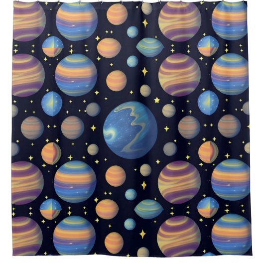 カラフルな惑星と宇宙の星々 シャワーカーテン (正面)