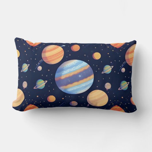 カラフルな惑星と星の芸術的な描写 ランバークッション (正面)