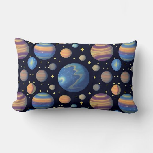 カラフルな惑星と星 キッズベッドルームデコレーション ランバークッション (正面)