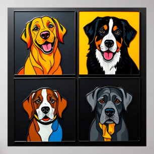 カラフルな愛らしい犬のポップアート肖像画 ポスター
