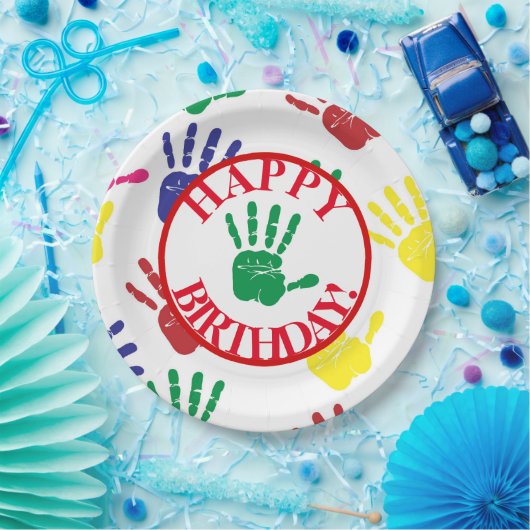 カラフルな手のプリントの第5誕生会 ペーパープレート (パーティー)