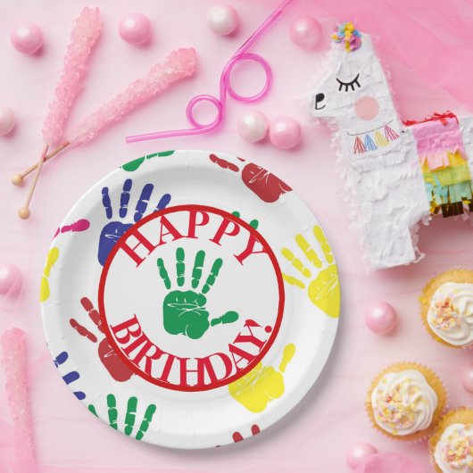 カラフルな手のプリントの第5誕生会 ペーパープレート (パーティー)