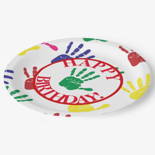 カラフルな手のプリントの第5誕生会 ペーパープレート (アングル)