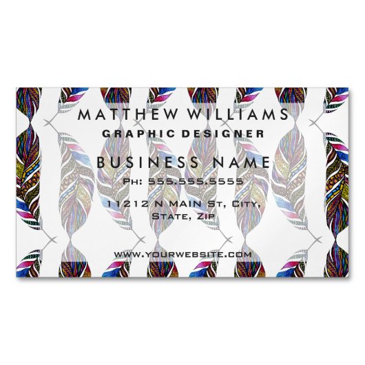 カラフルな手描きのパターン羽 マグネット名刺 (正面)