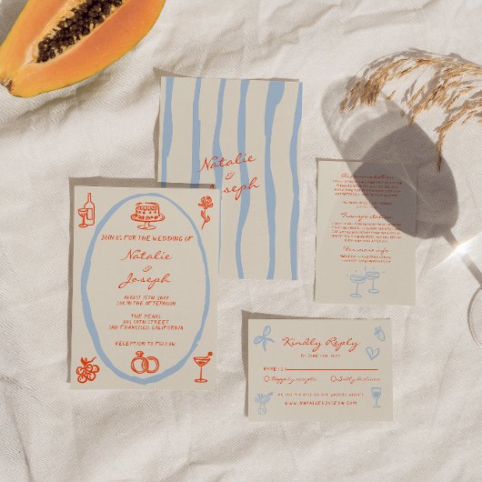 カラフルな手描きの目的地　幻想的なウェディング 招待状