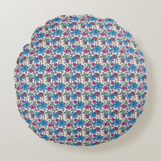 カラフルな手描きの花々が活気ある植物画調のレイアウトで描かれた、鮮やかな水彩シームレスパターンです。 ラウンドクッション (正面)