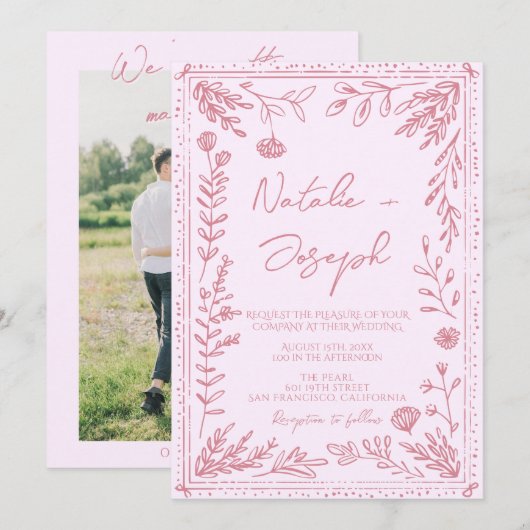 カラフルな手描きの花の庭の写真の結婚式 招待状 (正面/裏面)